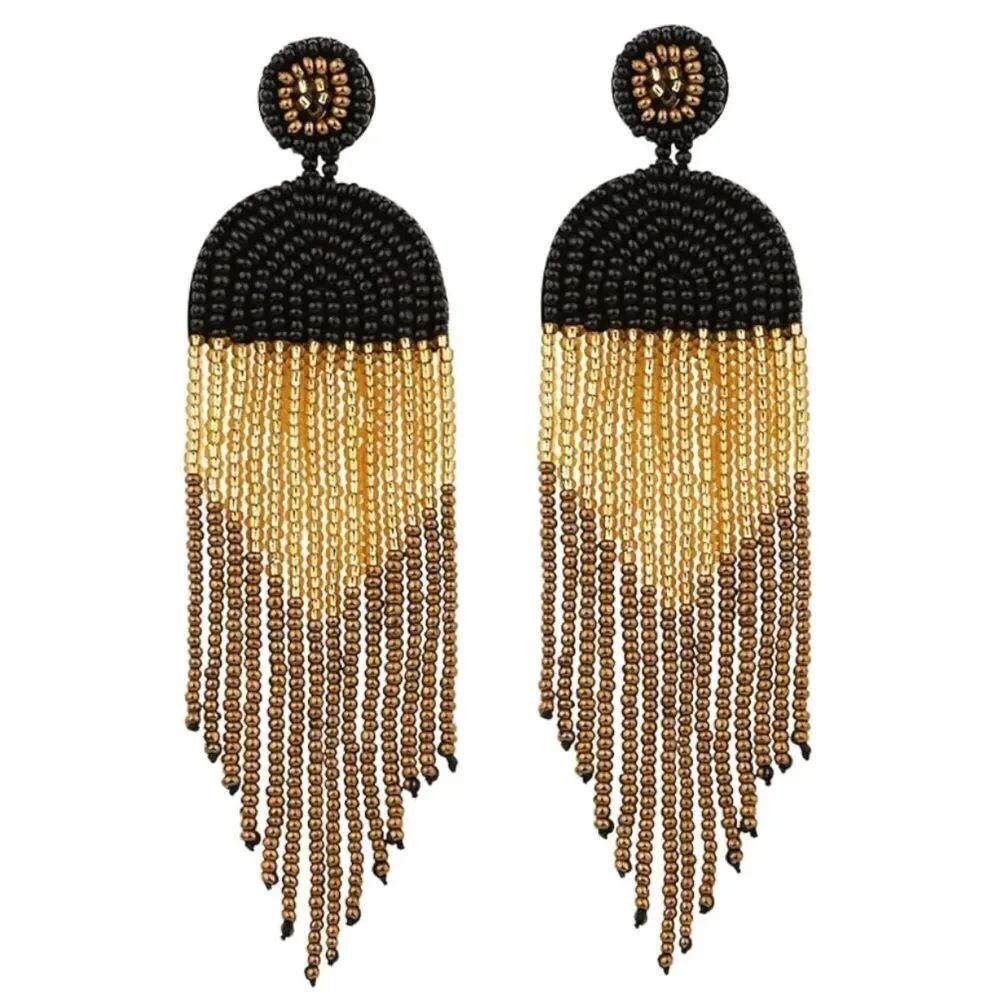 Long Boho Multicolor Beaded Tassel Fringe Dangling Fan Chandelier Post Earrings